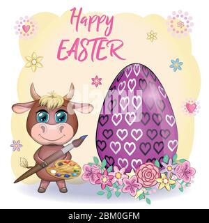 Cute cartoon cow, a bull with an Easter egg, next to a basket of eggs, symbol 2021 on the eastern calendar. Stock Vector