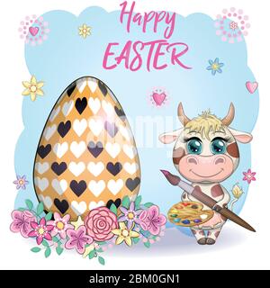 Cute cartoon cow, a bull with an Easter egg, next to a basket of eggs, symbol 2021 on the eastern calendar. Stock Vector