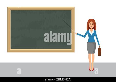 Female teacher with pointer at blackboard vector illustration in flat design. Stock Vector