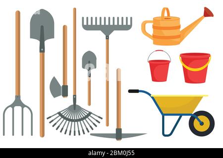 Gardening tools set in flat design vector illustration isolated on white background Stock Vector