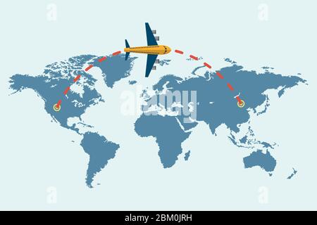 Flying airplane with dash path line. Travel Concept. Vector illustration in flat design. Stock Vector