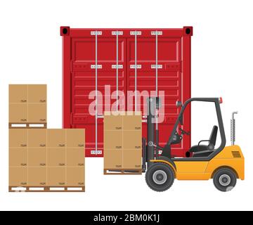 Forklift loading cargo container. Vector illustration isolated on white background. Stock Vector
