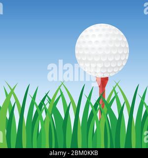 Golf ball on red tee on green grass vector illustration Stock Vector