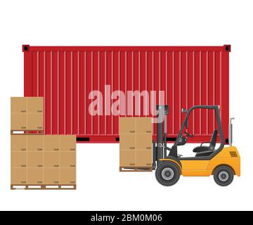 Forklift loading cargo container. Vector illustration isolated on white background. Stock Vector