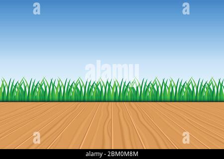 Background of green grass, wooden deck and blue sky vector illustration Stock Vector