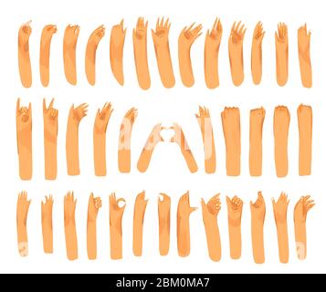 Human hand with collection of signs and hand gestures - ok, love, greetings, waving hands, phone and app control with fingers. Man and woman hands set Stock Vector