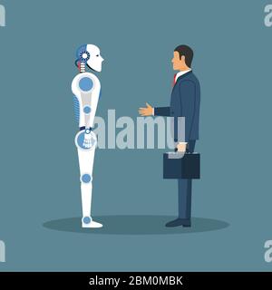 Man and robot handshake flat vector illustration. Cheerful guy and ...