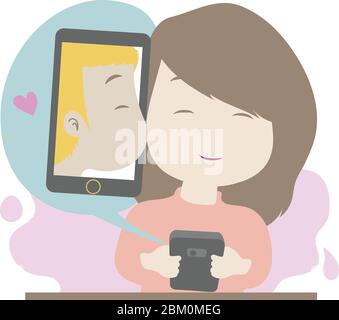 A girl take the quarantine time to show her love to her lover via mobile application and social technology Stock Vector