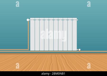 Realistic white heating radiator on blue wall Stock Vector