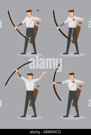 Set of six vector illustration of character of an archer with bow and arrows isolated on grey background. Stock Vector