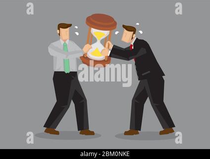 Two cartoon businessmen pulling at a huge hourglass sand clock. Creative vector illustration on metaphor for fighting for time isolated on plain backg Stock Vector