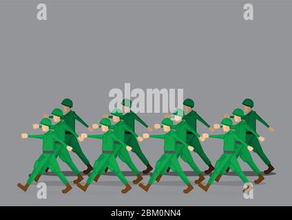 Soldiers in green uniform marching past in military parade. Vector illustration isolated on grey background Stock Vector