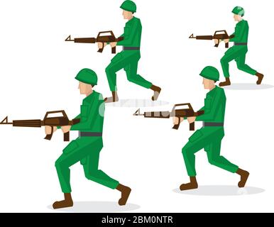 Military soldiers in green uniform running and attacking. Vector illustration isolated on white background. Stock Vector