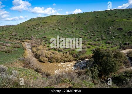 Israel, the Jordan river flows into the Sea of Galilee from the north and then from the Sea of Galilee to the Dead Sea Stock Photo