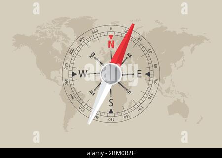 World map and magnetic compass vector illustration. Stock Vector