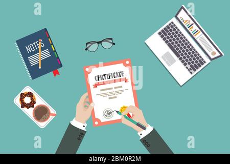 Man hand sign certificate. Vector illustration in flat style Stock Vector