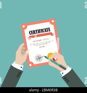 Man hand sign certificate. Vector illustration in flat style Stock Vector