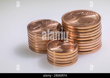 threee stacks with Euro cent coins Stock Photo