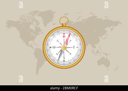 World map and magnetic compass vector illustration. Stock Vector