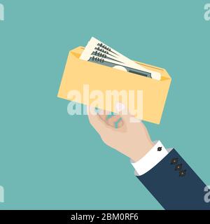 Businessman holds envelope with money. Vector illustration in flat design Stock Vector