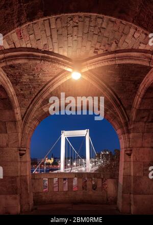 Hungary Budapest. Framed Elizabeth bridge.  Amazing night photo about the bridge what Hungarian name is Erzsebet bridge. This place  has on the Geller Stock Photo