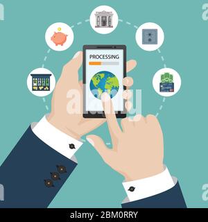 Mobile banking concept. Vector illustration in flat design. Stock Vector
