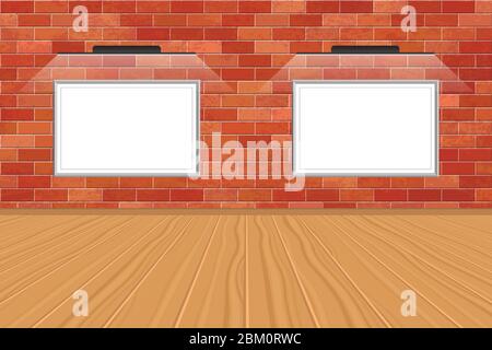 Mockup picture with led light on bricks wall. Exposition Stock Vector
