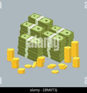 Collection of dollar coins and banknotes, money currency, cartoon money.  Packets of dollars, coins vector illustration. Flat design Stock Vector