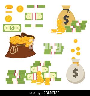 Coins and banknotes vector illustration isolated on white background. Set of dollar banknotes and coins in different positions Stock Vector