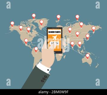 Online booking for airplane tickets in flat style. Mobile phone in the human hand with booking application. Stock Vector