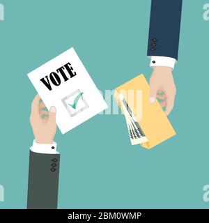 Political candidates buying votes. Bribery of voters in elections. Business man holds envelope with money. Vector illustration in flat design Stock Vector