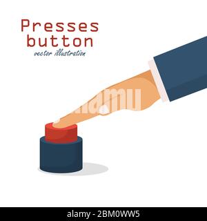 Hand pressing red button. Vector illustration in flat design. Stock Vector