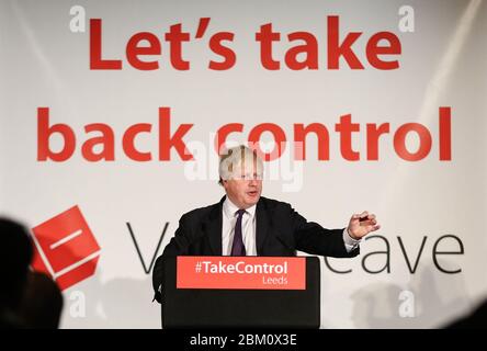 Conservative MP and Mayor of London Boris Johnson speaks at a Vote Leave event in Leeds, West Yorkshire. Campaigning for the referendum, which will de Stock Photo
