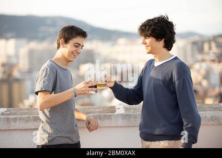 Two young men making a toast outdoors Stock Photo