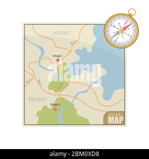 Safari map and magnetic compass vector illustration isolated on white background Stock Vector