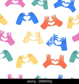 Hands making heart sign. Seamless pattern on white background Stock Vector