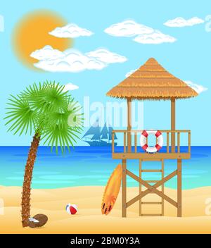 beach lifeguard tower to save drowning people vector illustration isolated on white background Stock Vector