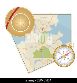 Safari map and hat vector illustration isolated on white background Stock Vector
