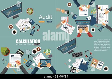 Auditing concept. Realistic design of accounting, research, calculating, planning, management, financial analysis, data. Top view. Business background Stock Vector