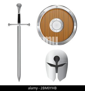 Sword, helmet and shield set. Vector illustration isolated on white background Stock Vector