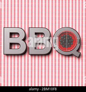 BBQ picnic, Barbecue grill cookout, outdoor grilling meat food concept. Text letters on red white checkered tablecloth background. 3d illustration Stock Photo