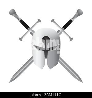 Crossed swords with helmet vector illustration isolated on white backgroundCrossed swords with helmet vector illustration isolated on white background Stock Vector