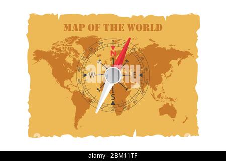 Vintage map of the world and magnetic compass. Vector illustration. Stock Vector