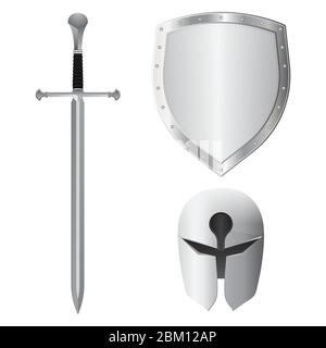 Sword, helmet and shield set. Vector illustration isolated on white background Stock Vector
