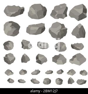 Rock and stones cartoon, vector illustration isolated on white background. Large and small stones in isometric 3d flat style Stock Vector