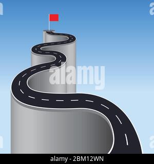 Road to success concept. Winding road to red flag vector illustration Stock Vector