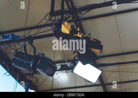Spot light and led light in television studio on ceiling. Stock Photo