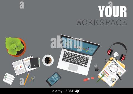 Business workspace top view. Office objects. Business planning and analyzing. Auditing concept. Stock Vector