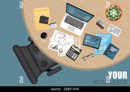 Business workspace top view. Office objects. Business planning and analyzing. Auditing concept. Stock Vector
