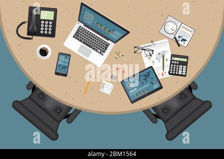Business workspace top view. Office objects. Business planning and analyzing. Auditing concept. Stock Vector